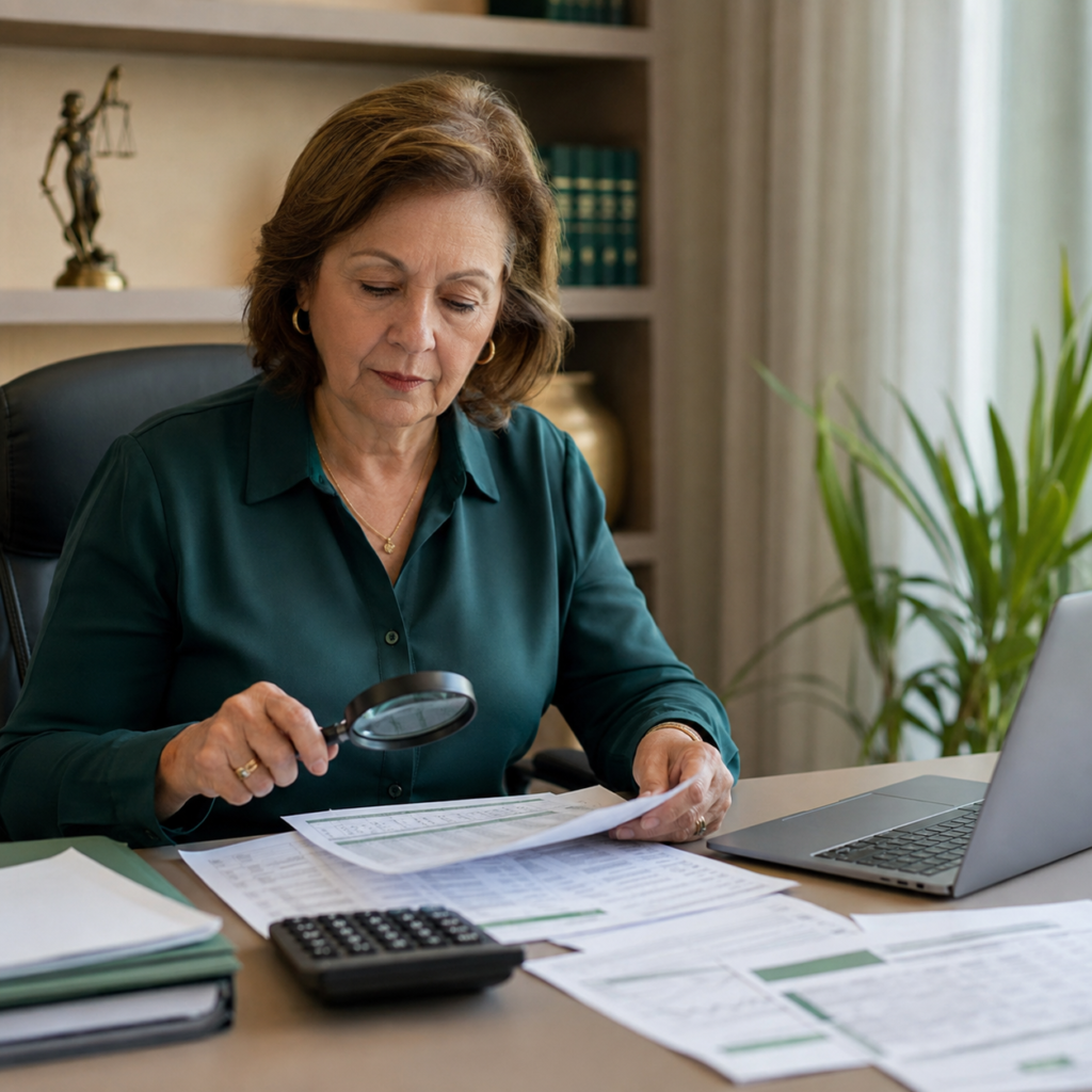 Aposentada conferindo cálculo para revisão do benefício