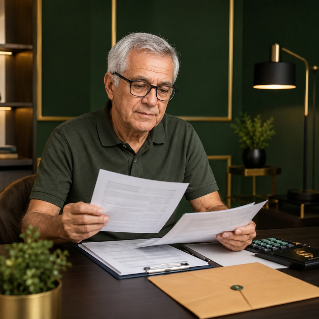 Aposentado analisando documentos para isenção de Imposto de Renda